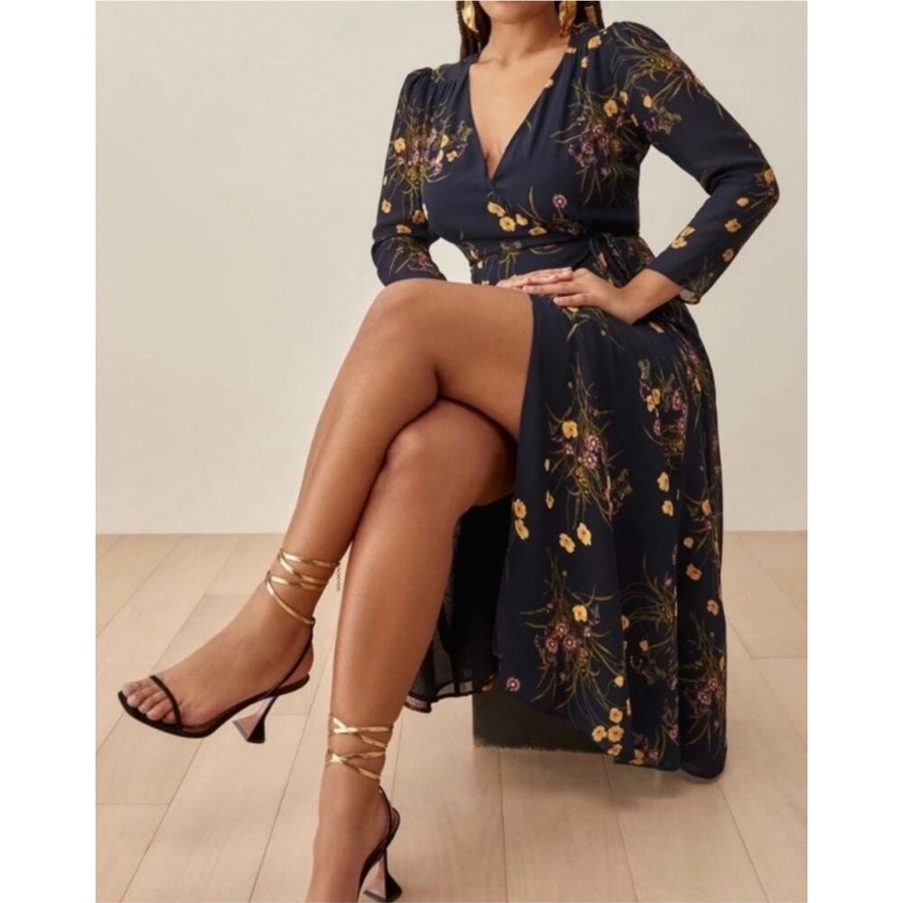 REFORMATION Melba Floral Wrap Midi Dress in Mademoiselle Navy Blue Size Small - Picture 2 of 10